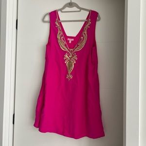 Lilly Pulitzer Hot Pink, Gold Embelished shift dress WITH Pockets